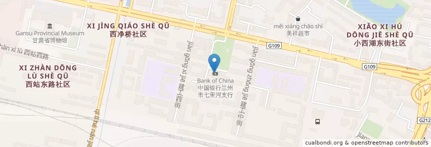 Mapa de ubicacion de 中国银行兰州市七里河支行 en 中国, 甘肃省, 兰州市, 七里河区, 西湖街道.