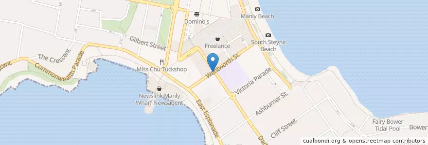 Mapa de ubicacion de manly coffee guild en Avustralya, New South Wales, Sydney, Northern Beaches Council.