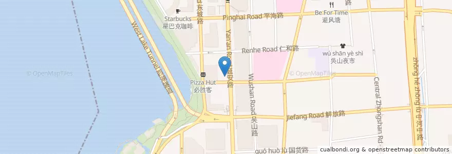 Mapa de ubicacion de 杭州酒家 en 中国, 浙江省, 杭州市, 上城区, 湖滨街道.