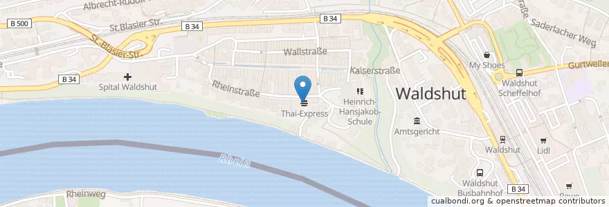Mapa de ubicacion de Thai-Express en Германия, Баден-Вюртемберг, Фрайбург, Вальдсхут, Verwaltungsgemeinschaft Waldshut-Tiengen, Waldshut-Tiengen.