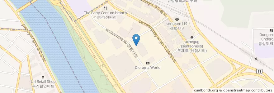 Mapa de ubicacion de 띵크커피부산센텀점 en Coreia Do Sul, Busan, 해운대구, 우동.