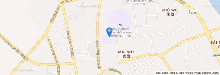 Mapa de ubicacion de 清远市第二中学 en 중국, 광둥성, 清远市 (Qingyuan), 清城区 (Qingcheng), 凤城街办.