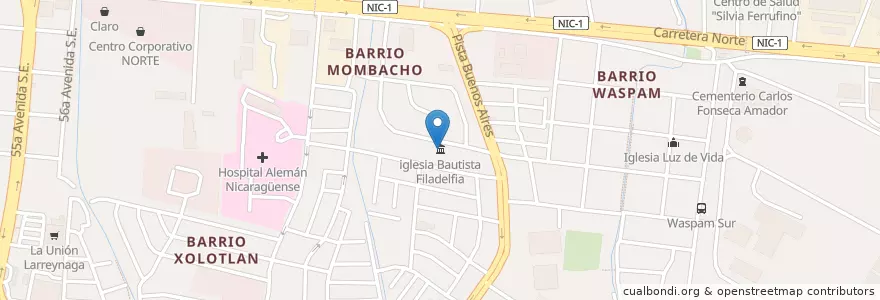Mapa de ubicacion de iglesia Bautista Filadelfia en Никарагуа, Departamento De Managua, Managua (Municipio).