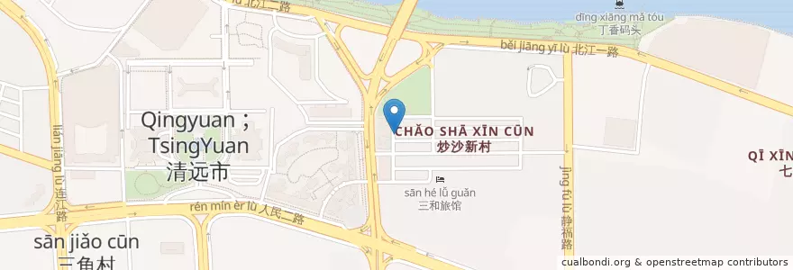 Mapa de ubicacion de 香港文记甜品小吃 en 中国, 広東省, 清遠市, 清城区 (Qingcheng), 洲心街办.