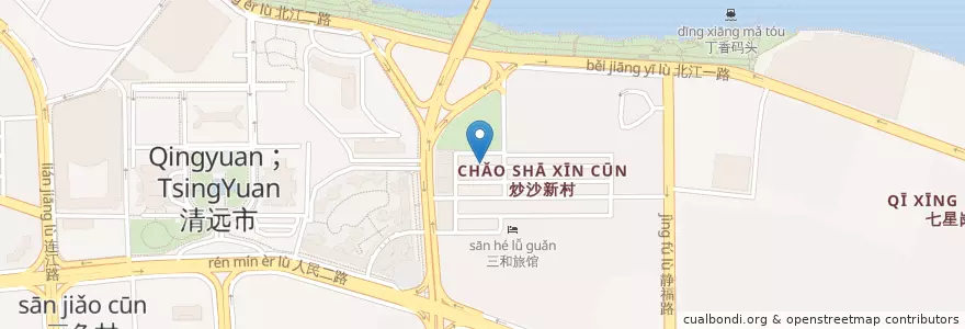 Mapa de ubicacion de 炒沙肉菜市场 en 中国, 广东省, 清远市 (Qingyuan), 清城区 (Qingcheng), 洲心街办.