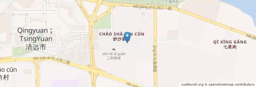 Mapa de ubicacion de 北灶美食 en China, Cantão, 清远市 (Qingyuan), 清城区 (Qingcheng), 洲心街办.