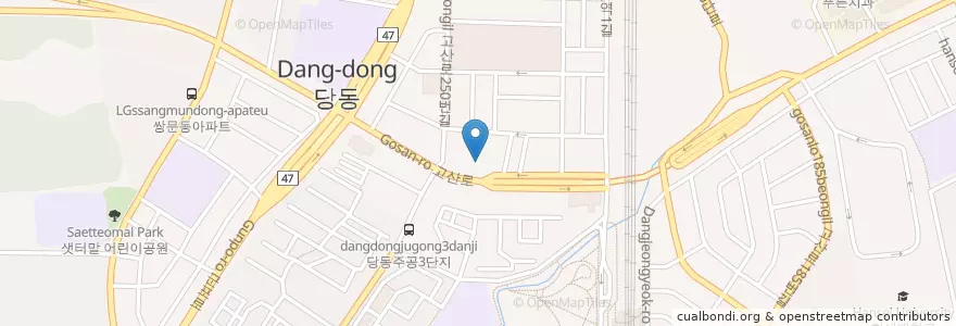 Mapa de ubicacion de 맘스터치 당동점 en Corée Du Sud, Gyeonggi, 군포시, 당동, 군포1동, 군포2동.
