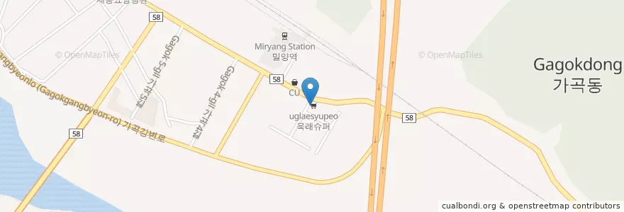 Mapa de ubicacion de 그린분식 en Korea Selatan, Gyeongsang Selatan, 밀양시.
