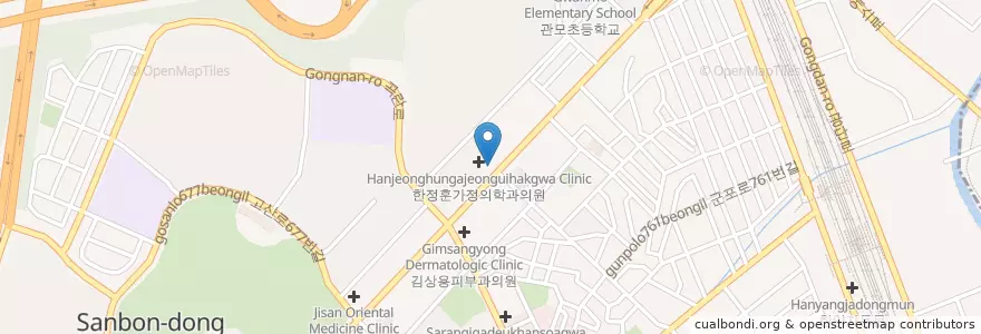 Mapa de ubicacion de 피자알볼로 en Korea Selatan, Gyeonggi, 군포시, 산본2동, 산본1동.