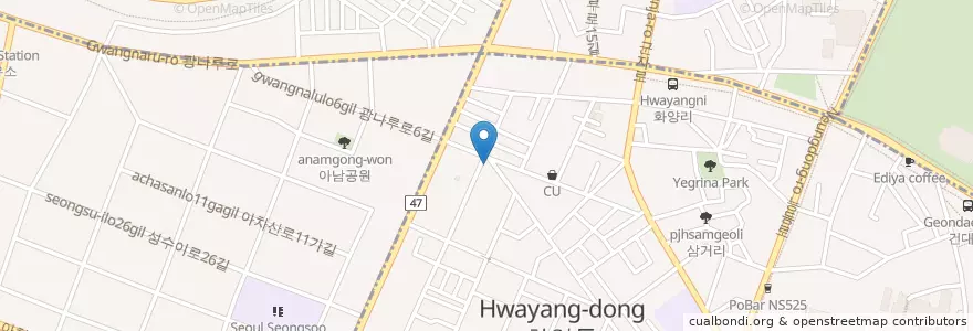 Mapa de ubicacion de 카페노니다 en South Korea, Seoul, Gwangjin-Gu, Hwayang-Dong.