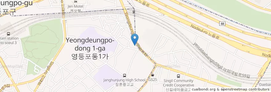 Mapa de ubicacion de 탐앤탐스 신길역점 en Südkorea, Seoul, 영등포구, 신길1동, 영등포본동.
