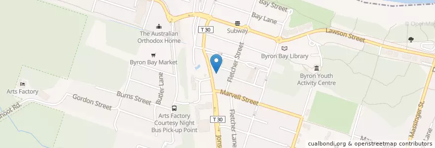 Mapa de ubicacion de Byron Bay Post Office en Australia, New South Wales, Byron Shire Council.