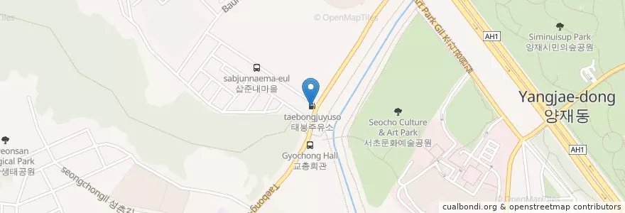 Mapa de ubicacion de 태봉주유소 en 大韓民国, ソウル, 瑞草区, 양재1동, 양재동.