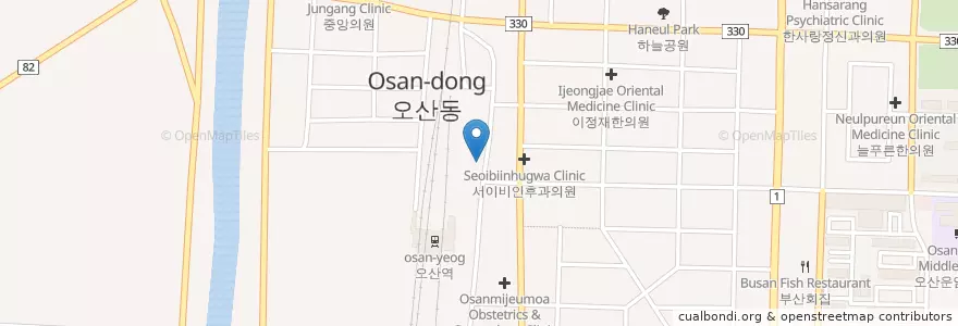 Mapa de ubicacion de 오산시 자전거 주차장 en کره جنوبی, گیونگی-دو, 오산시.
