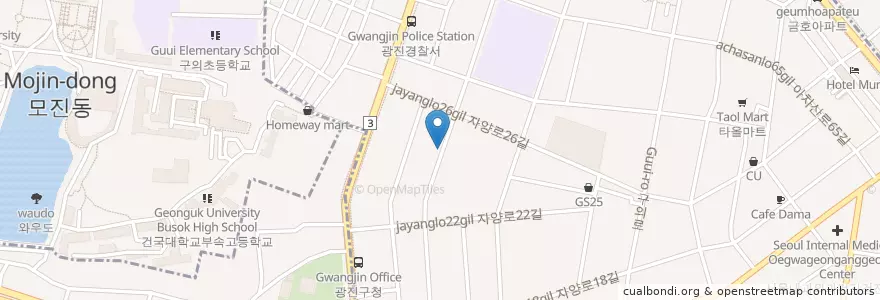 Mapa de ubicacion de 토종한우 동백 정육점 식당 en 대한민국, 서울, 광진구, 구의1동.