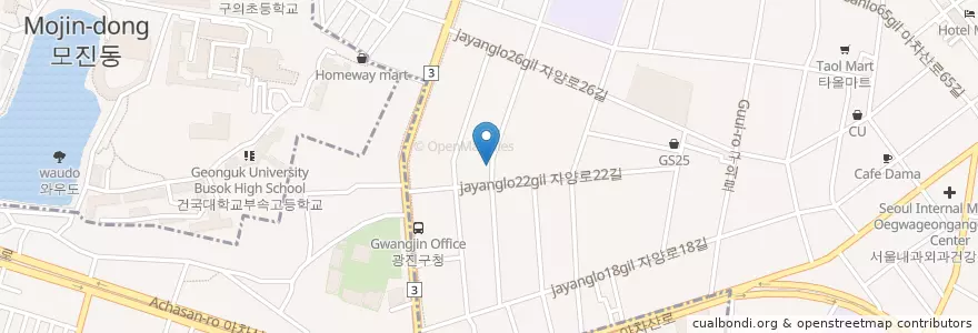 Mapa de ubicacion de 제주 올레 포차 구의점 en Corée Du Sud, Séoul, 광진구, 구의1동.