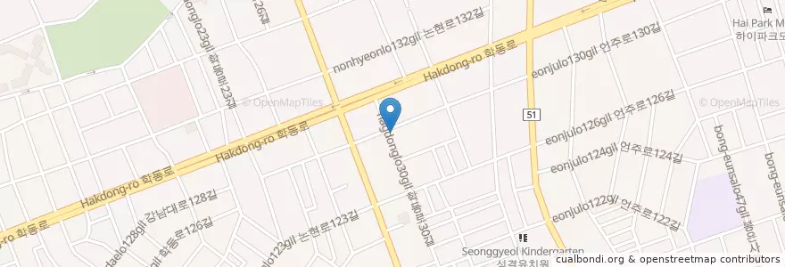 Mapa de ubicacion de 화이어웍스 en Südkorea, Seoul, 강남구, 논현동, 논현2동.