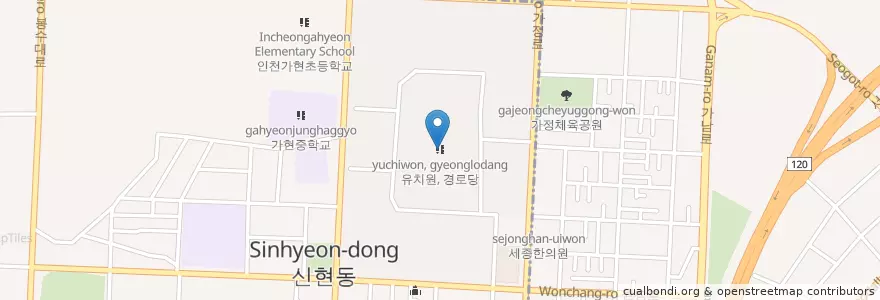 Mapa de ubicacion de 유치원, 경로당 en 대한민국, 인천, 서구, 가정동.