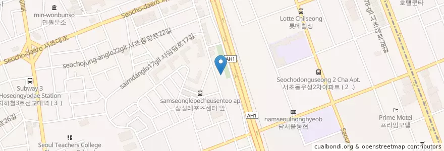 Mapa de ubicacion de 천주교 서초동성당 en كوريا الجنوبية, سول, 서초구, 서초1동, 서초동.