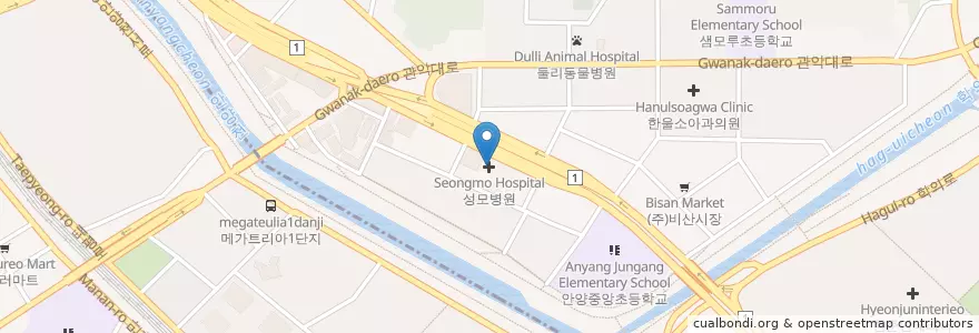 Mapa de ubicacion de 성모병원 en 대한민국, 경기도, 안양시, 동안구.