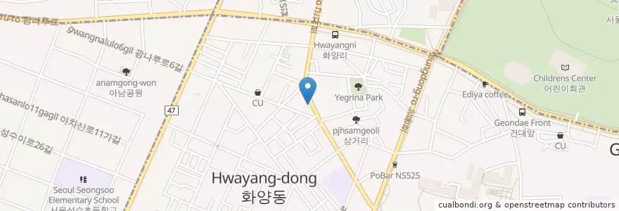 Mapa de ubicacion de 지짐이 닭도리탕 en كوريا الجنوبية, سول, 광진구, 화양동.