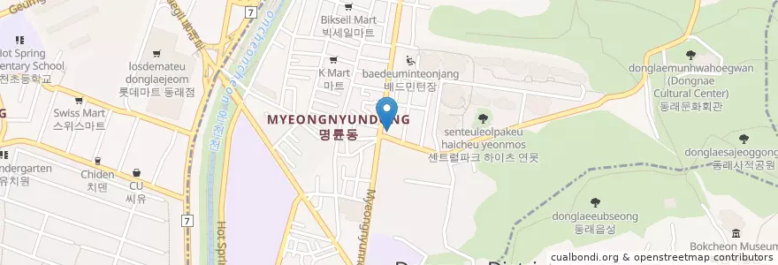 Mapa de ubicacion de 썬더치킨 en كوريا الجنوبية, بسان, 동래구, 명륜동.