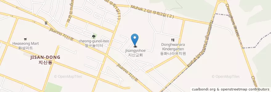 Mapa de ubicacion de 지산교회 en Korea Selatan, Daegu, 수성구, 지산동.