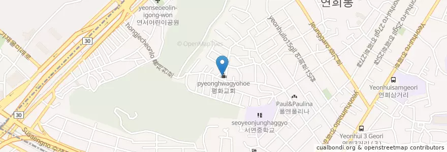 Mapa de ubicacion de 평화교회 en 대한민국, 서울, 서대문구, 연희동.