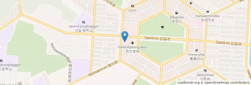 Mapa de ubicacion de 한도병원주차장 en Güney Kore, 경기도, 안산시, 단원구.