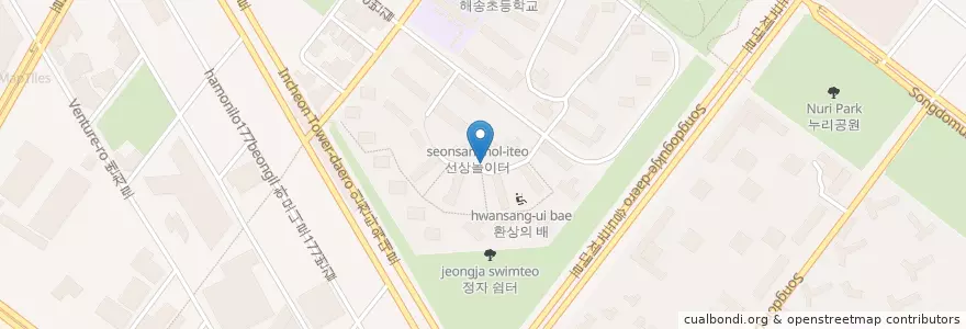 Mapa de ubicacion de 마르지않는 분수 en 대한민국, 인천, 연수구, 송도동.