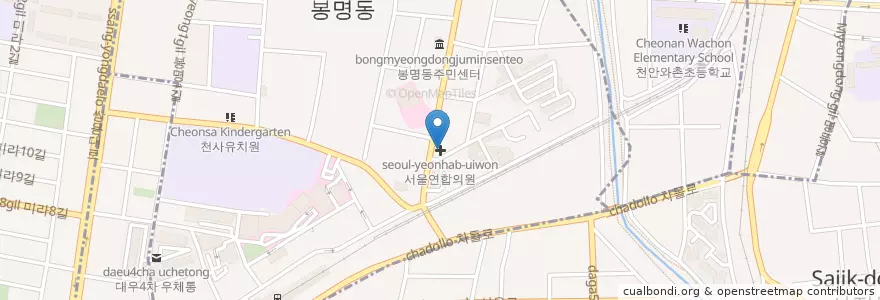 Mapa de ubicacion de 서울연합의원 en 대한민국, 충청남도, 천안시, 동남구, 봉명동.