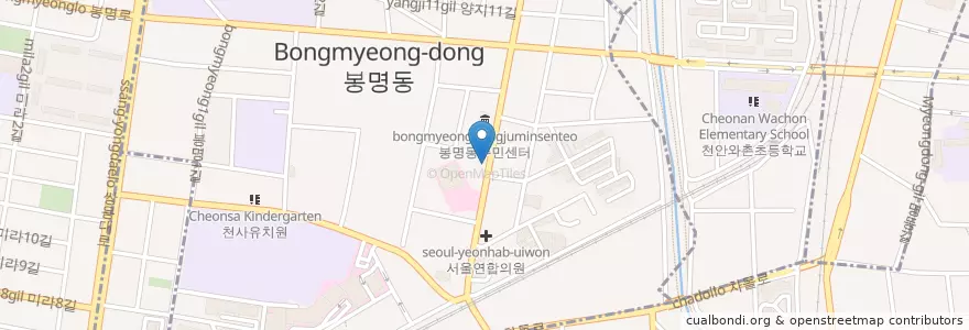 Mapa de ubicacion de 쟁반치킨 en Korea Selatan, Chungcheong Selatan, 천안시, 동남구, 봉명동.