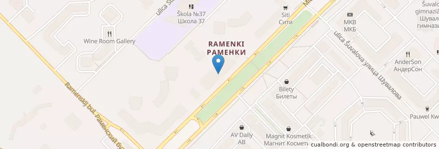 Mapa de ubicacion de Шоколадница en Russie, District Fédéral Central, Moscou, Западный Административный Округ, Район Раменки.