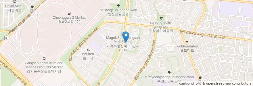 Mapa de ubicacion de 가마로강정 en Güney Kore, Seul, 강서구, 발산1동.