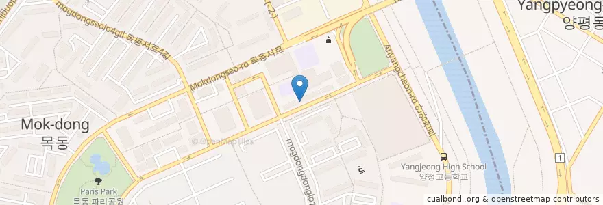 Mapa de ubicacion de 교촌치킨 목동2호점 en Korea Selatan, 서울, 양천구, 영등포구, 양평동, 목5동.