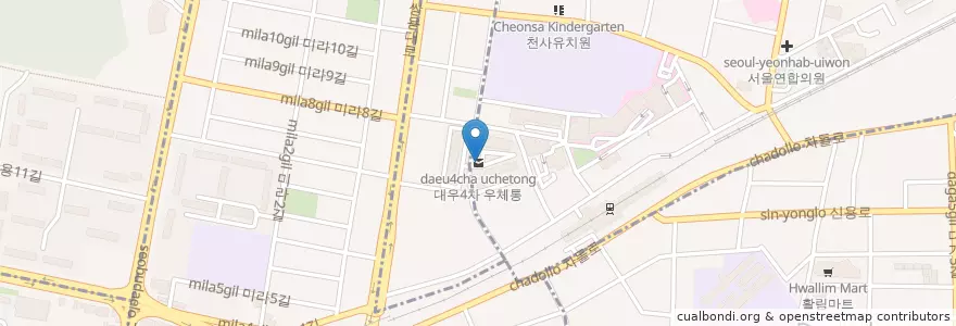 Mapa de ubicacion de 대우4차 우체통 en Республика Корея, Чхунчхон-Намдо, 천안시, 동남구, 쌍용동, 봉명동.
