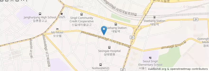 Mapa de ubicacion de 성애병원 en Республика Корея, Сеул, 영등포구, 신길1동, 신길7동.