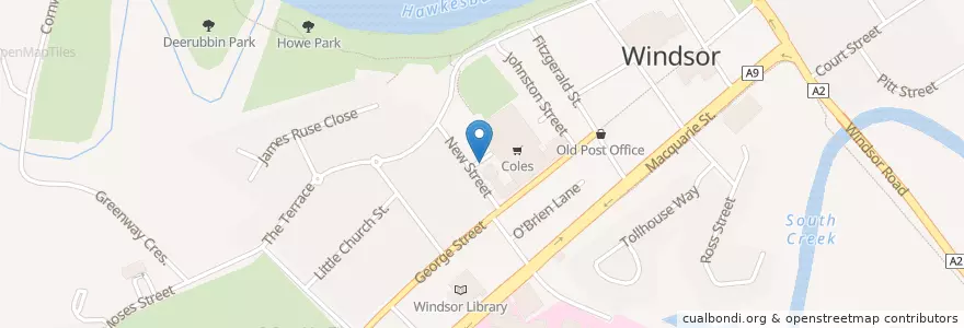 Mapa de ubicacion de Windsor Post Office en Австралия, Новый Южный Уэльс, Hawkesbury City Council, Sydney.
