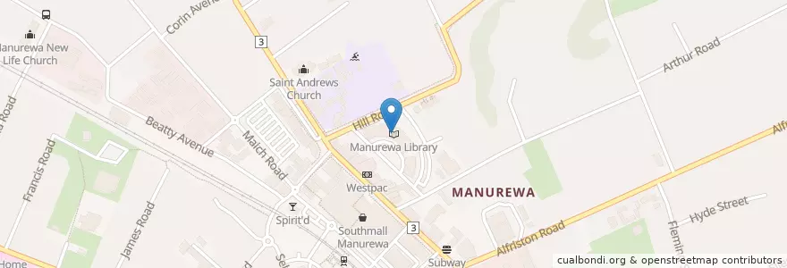 Mapa de ubicacion de Manurewa Library en New Zealand / Aotearoa, Auckland, Manurewa.