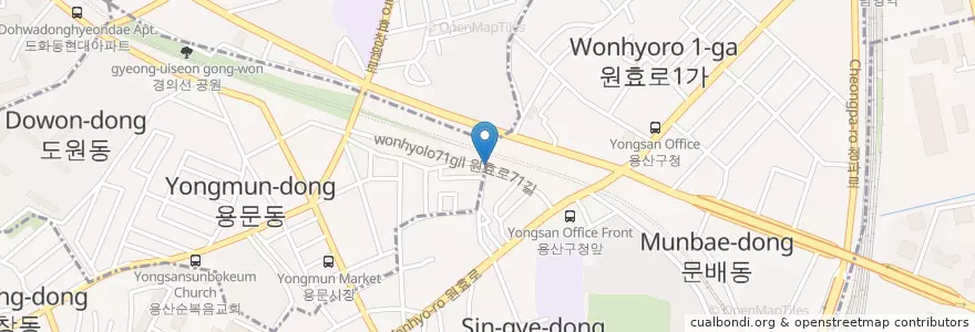 Mapa de ubicacion de 동원교회 en Güney Kore, Seul, 용산구, 원효로1동.