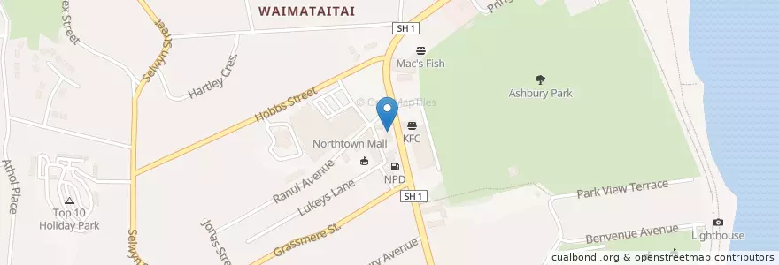 Mapa de ubicacion de Pizza Hut en New Zealand / Aotearoa, Canterbury, Timaru District.