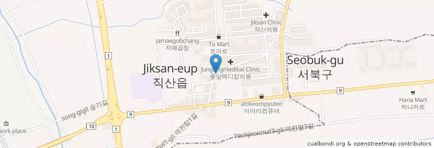 Mapa de ubicacion de 봉달이 치킨 & 야식 en Республика Корея, Чхунчхон-Намдо, 천안시, 서북구, 직산읍.