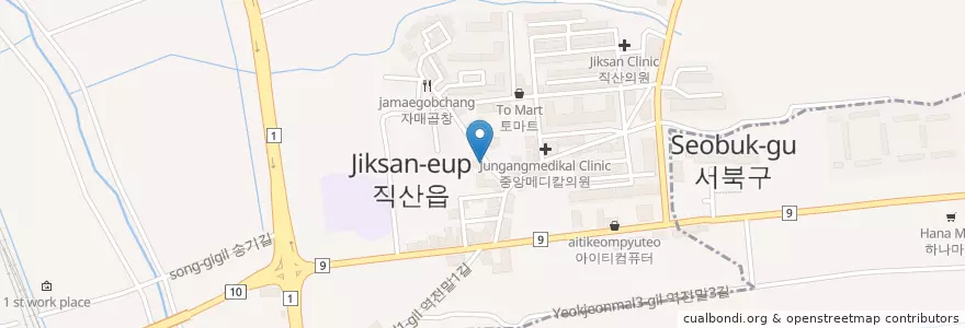 Mapa de ubicacion de 김가네 해물칼국수 en Corea Del Sud, Sud Chungcheong, 천안시, 서북구, 직산읍.