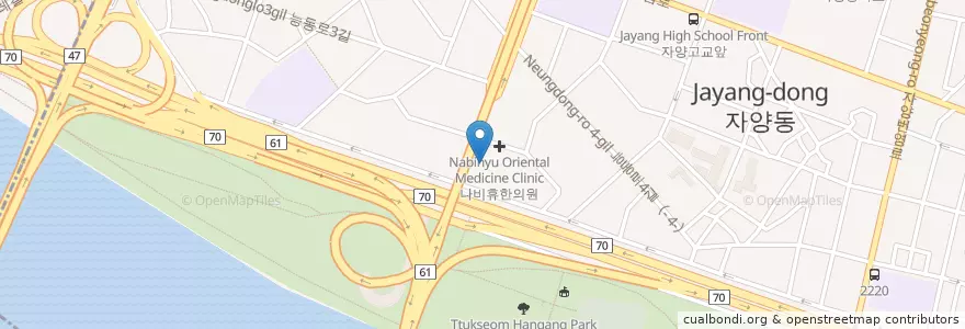 Mapa de ubicacion de 굽네치킨 en Corea Del Sud, Seul, 광진구, 자양3동.