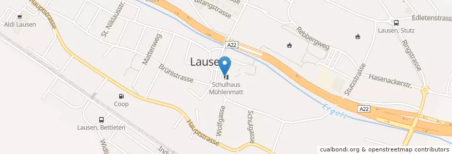 Mapa de ubicacion de Schulhaus Mühlenmatt en Suiza, Basilea-Campiña, Bezirk Liestal, Lausen.