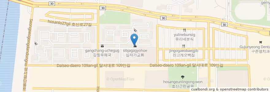 Mapa de ubicacion de 십자가교회 en 대한민국, 대구, 달서구, 신당동.