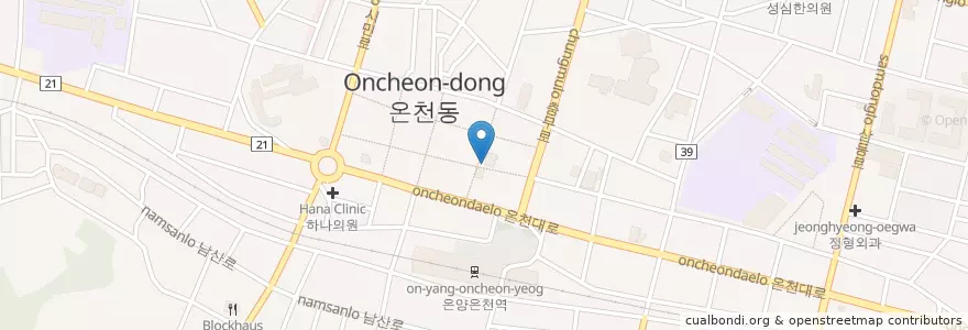 Mapa de ubicacion de 맘스터치 en Güney Kore, 충청남도, 아산시.