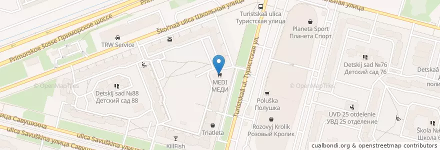 Mapa de ubicacion de МЕДИ en Russland, Föderationskreis Nordwest, Oblast Leningrad, Sankt Petersburg, Приморский Район, Округ № 65.