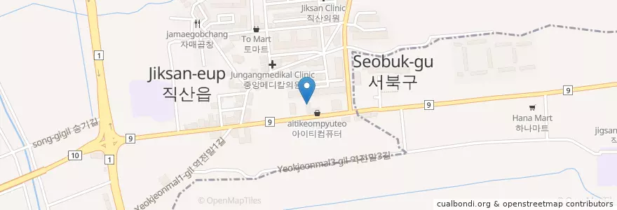 Mapa de ubicacion de 호미식당 en Республика Корея, Чхунчхон-Намдо, 천안시, 서북구, 직산읍.