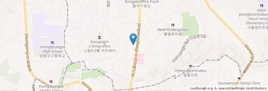 Mapa de ubicacion de 장성교회 en Güney Kore, Seul, 동작구, 노량진1동, 노량진2동.